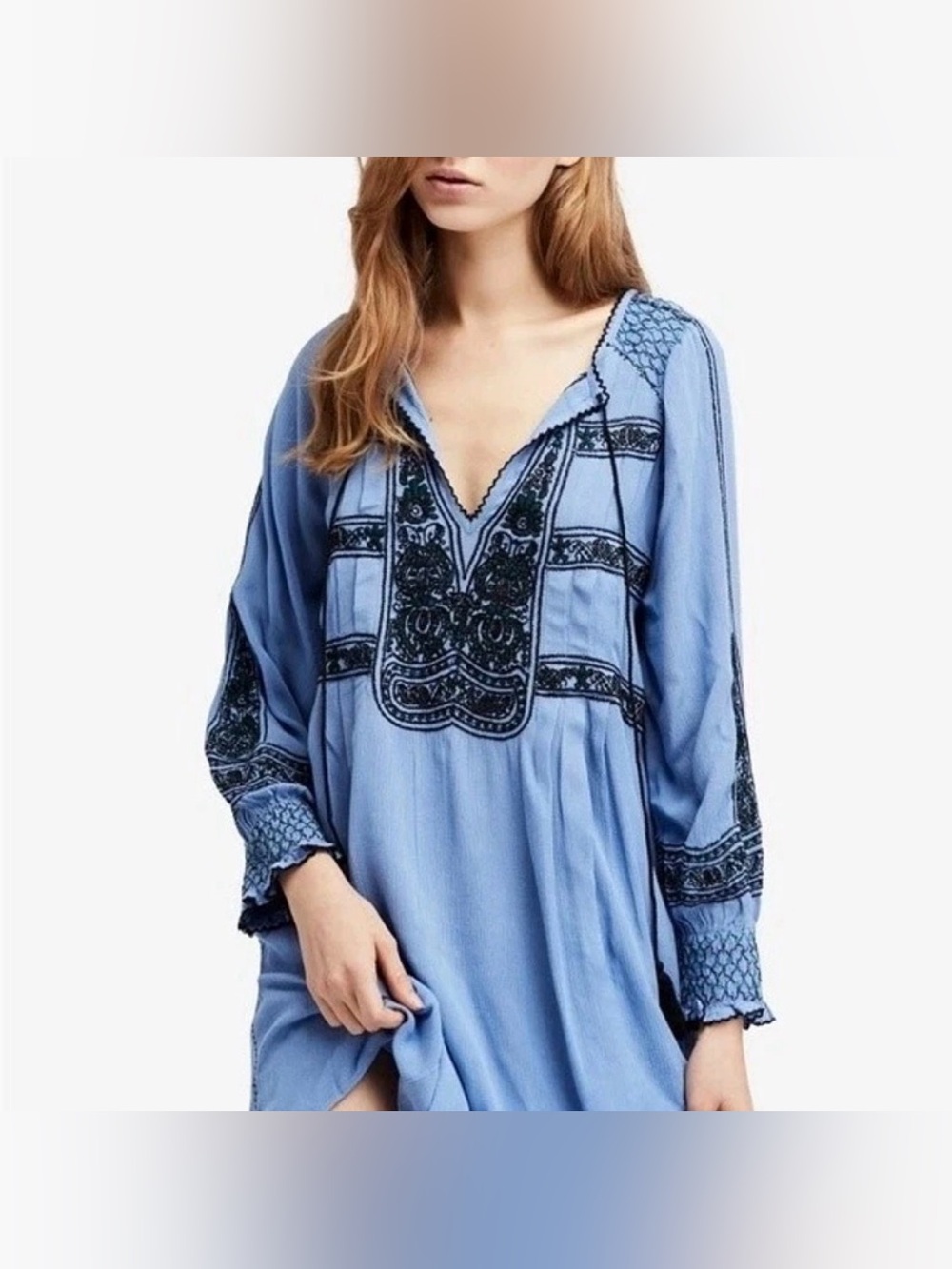 Free People Wind Willow Embroidered Mini Dress Blue Boho Size XS